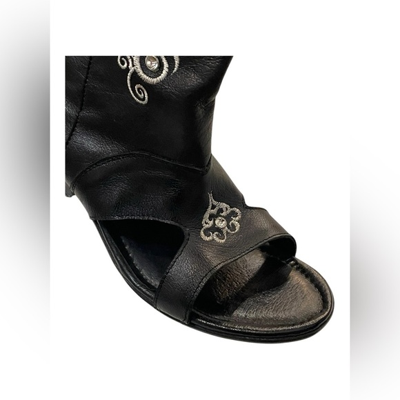 Chickickers Boots Sz 8 Black Leather Embroidered Floral Open Toe Western - Picture 5 of 16